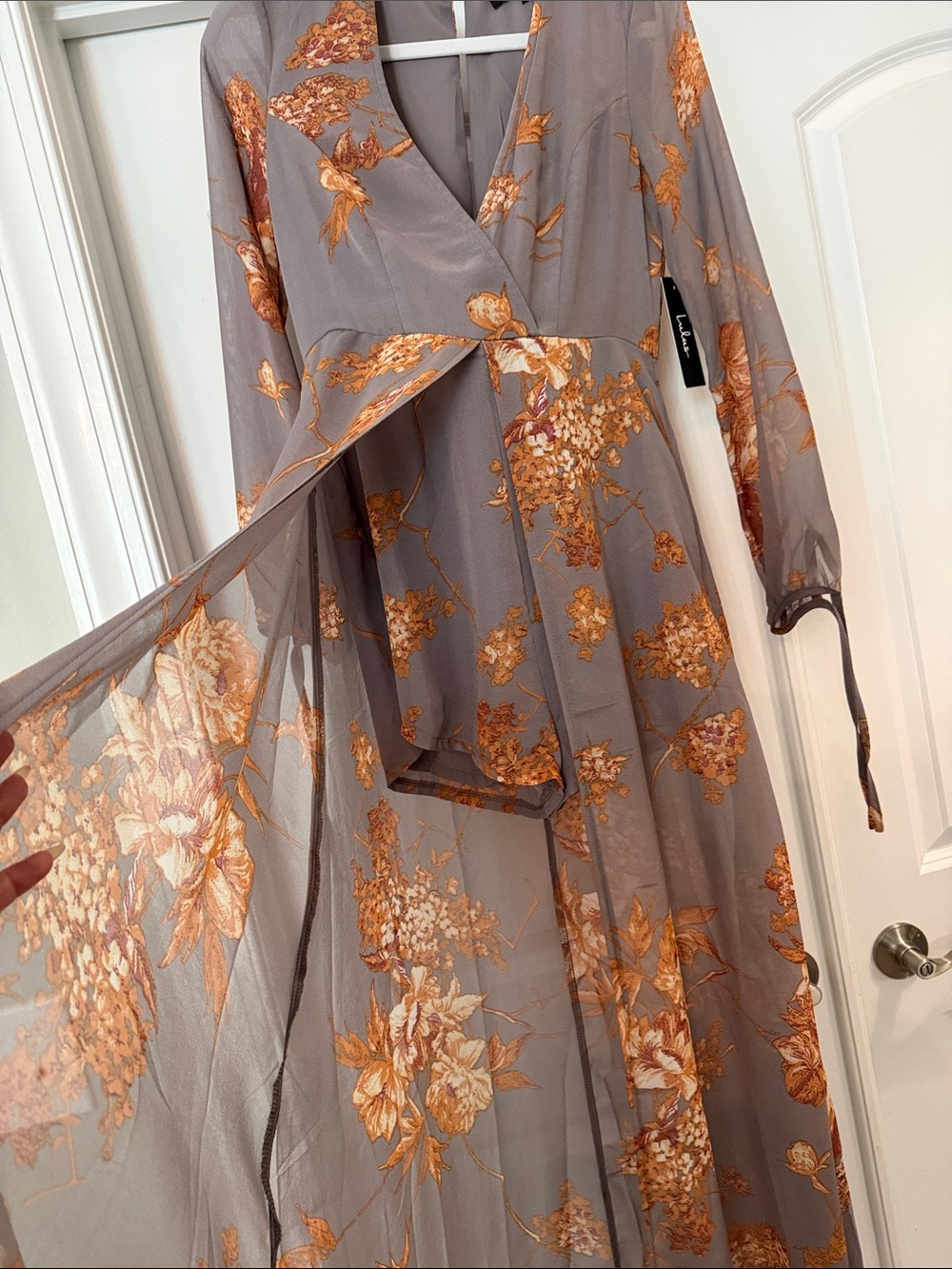 Lulu's Taupe Maxi Dress Romper with Orange Floral Accents - Picture 2 of 3